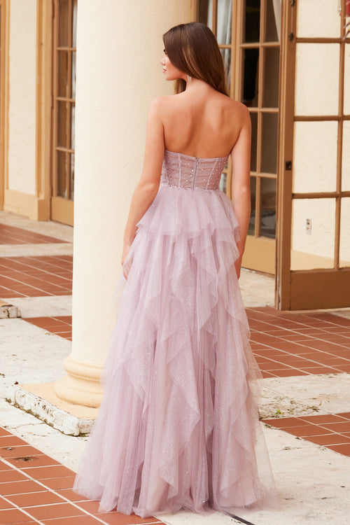 Nox Anabel A1591 Strapless Beaded A-Line Long Corset Evening Gown with Slit