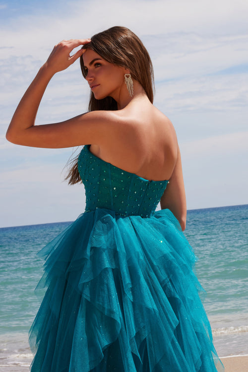 Nox Anabel A1591 Strapless Beaded A-Line Long Corset Evening Gown with Slit