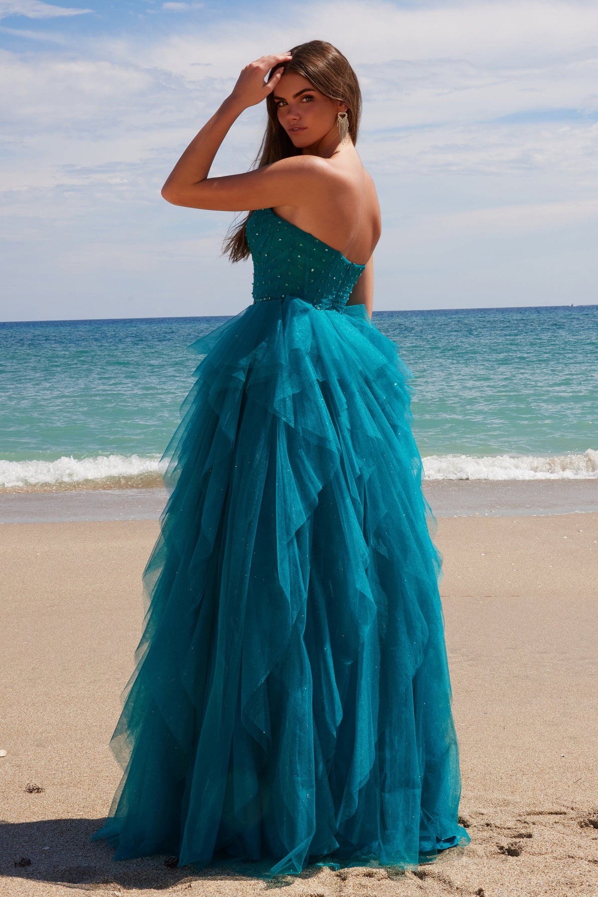 Nox Anabel A1591 Strapless Beaded A-Line Long Corset Evening Gown with Slit