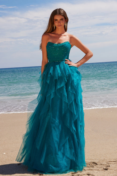 Nox Anabel A1591 Strapless Beaded A-Line Long Corset Evening Gown with Slit