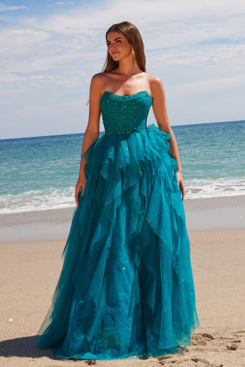 Nox Anabel A1591 Strapless Beaded A-Line Long Corset Evening Gown with Slit