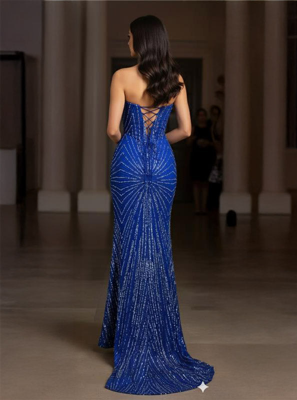 Strapless Corset Sequin Evening Gown, Sparkling Mermaid Formal Dress By May Queen MQ2195