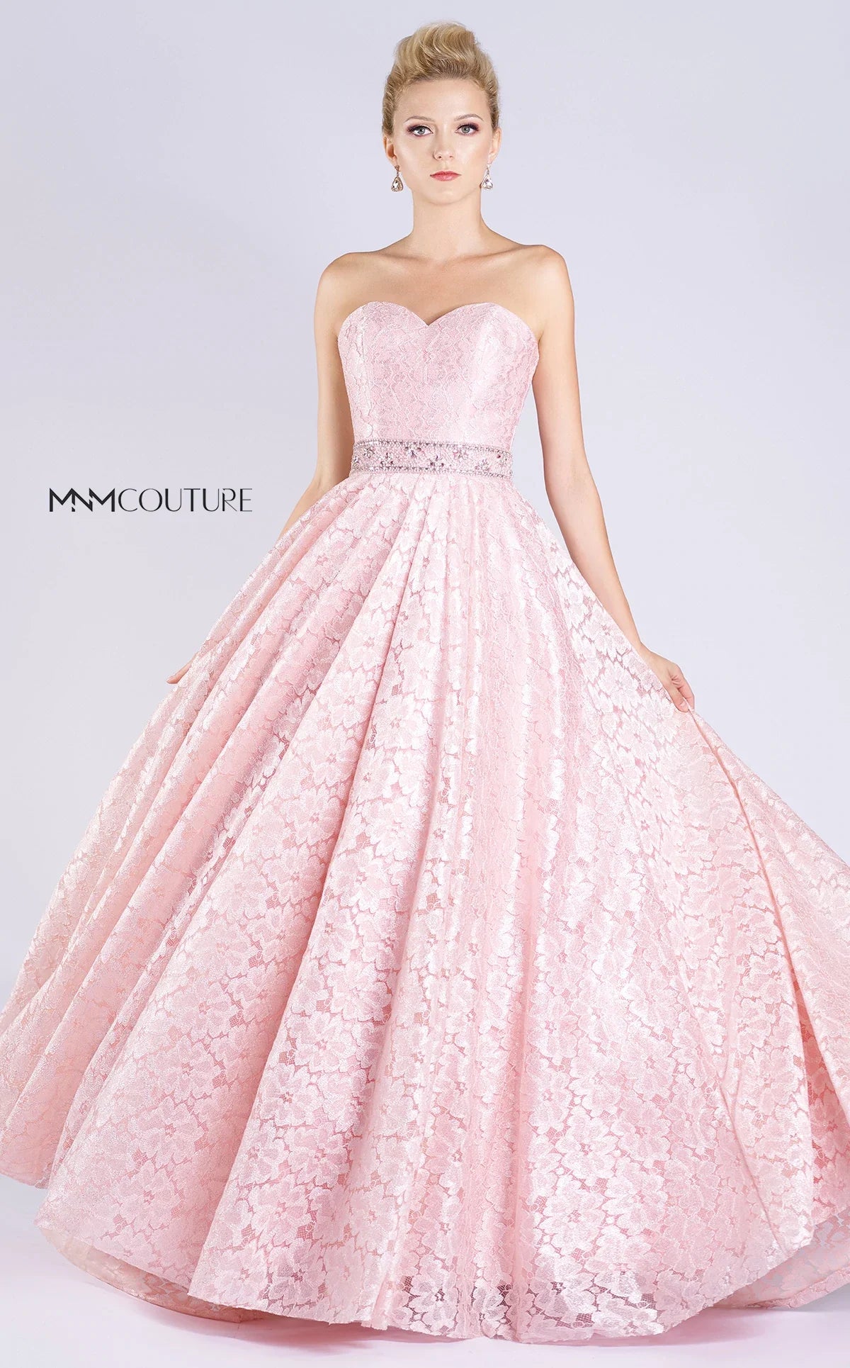 MNM Couture M0060 Strapless Sweetheart Lace Gown in Pink
