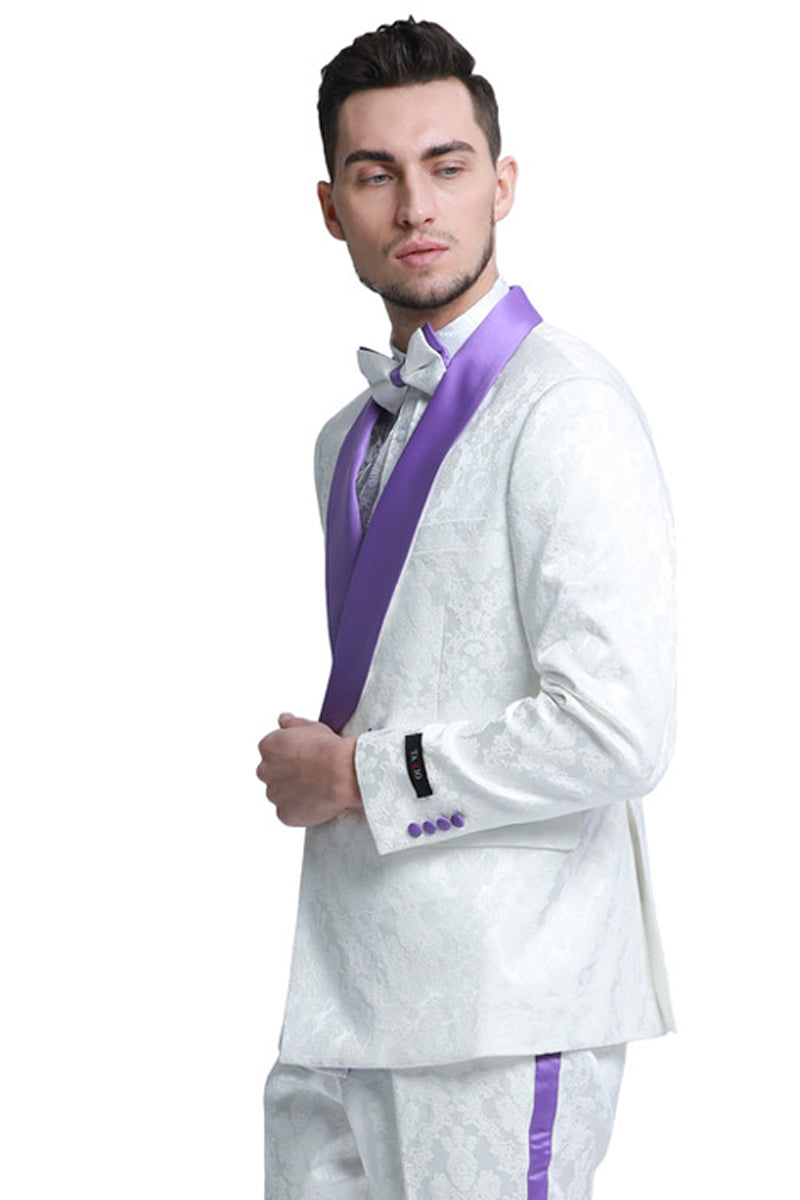 Chaqueta de esmoquin cruzada de cachemir y corte entallado para hombre, ideal para graduación y boda, en blanco y morado.