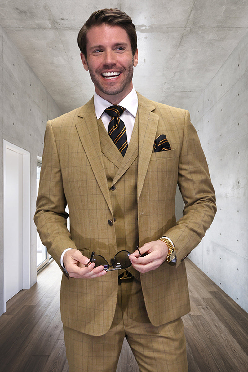 Traje de lana de diseñador para hombre, con chaleco y cuadros ventana en color bronce