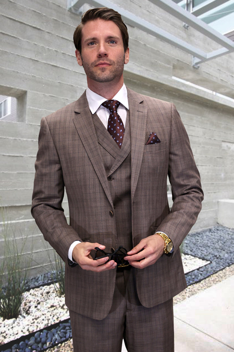 Traje de diseño para hombre de lana con chaleco y cuadros ventana en color topo