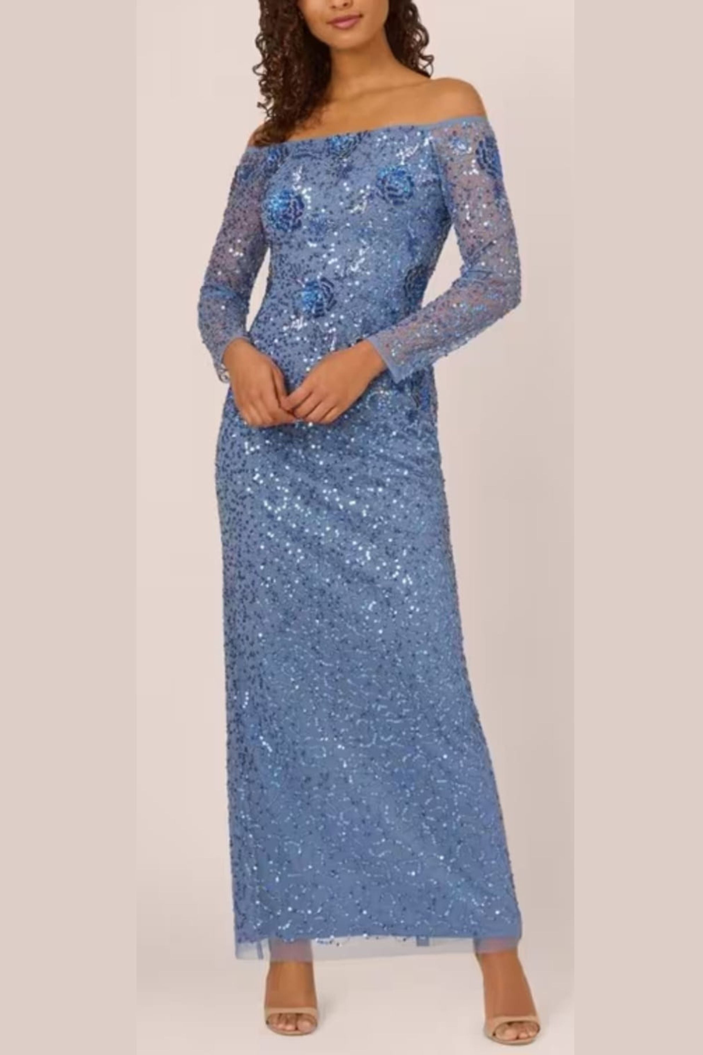 adrianna papell off the shoulder dress Adrianna Papell Women's Off-The-Shoulder Beaded Mesh Gown - Blue
