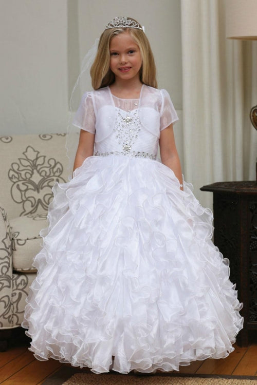 Sleeveless Beaded Flower Girl Dress with Ruffle Skirt & Bolero Jacket By AG5237