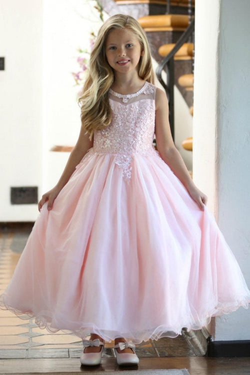 Flower Girl Dress Sleeveless Tulle A-line Skirt with Lace Appliqué Formal Kids Party Dress By AG5241