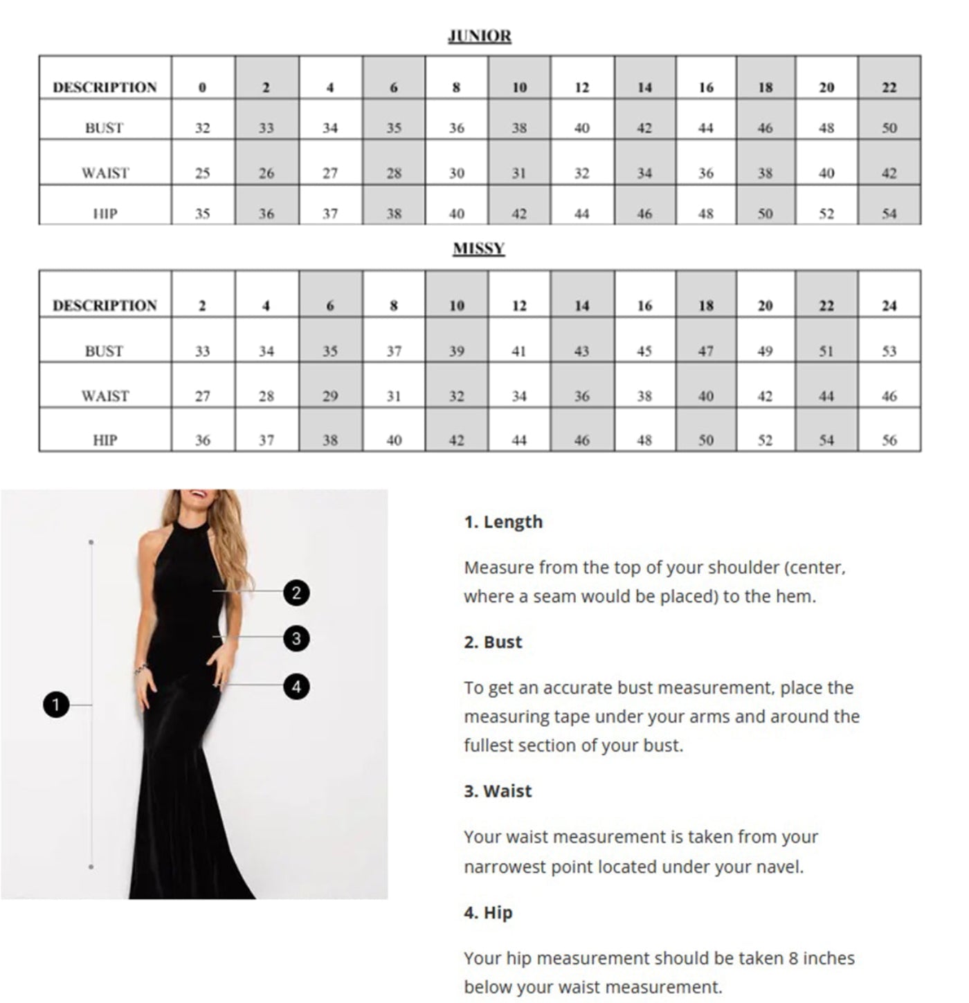 Amelia Couture Size Chart
