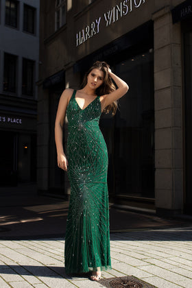 Chic and Holland AN1416 Plunging V-Neck Beaded Sheath Evening Gown with Cutout Detail