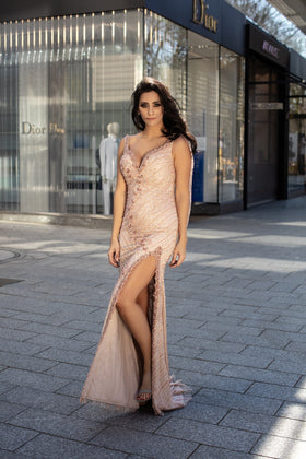 Chic and Holland HF1422 Sweetheart Beaded Fitted Prom Gown with Thigh-High Slit and Train
