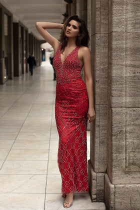 Chic and Holland AN1433 Plunging V-Neck Sequin Sheath Evening Gown with Low Back