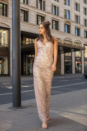 Chic and Holland AN1441 V-Neck Sequin Sheath Evening Gown with Crisscross Back
