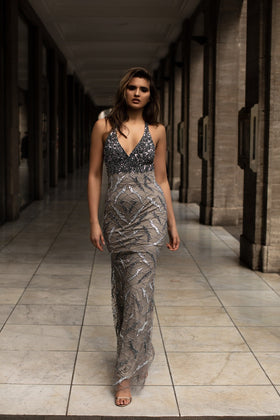 Chic and Holland AN1443 V-Neck Glitter-Embellished Sheath Evening Gown with Crisscross Back