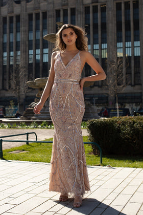 Chic and Holland AN1447 V-Neck Glitter-Embellished Sheath Evening Gown