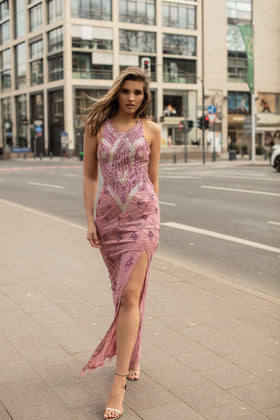 Chic and Holland AN1450 Scoop Neck Glitter-Embellished Sheath Evening Gown with Side Slit