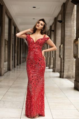 Chic and Holland AN1465 Sweetheart Cold-Shoulder Strap Sequin Sheath Prom Gown