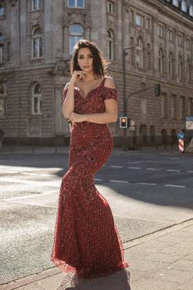Chic and Holland AN1466 Off-the-Shoulder Sequin Sheath Evening Gown with Low Back and Sweep Train