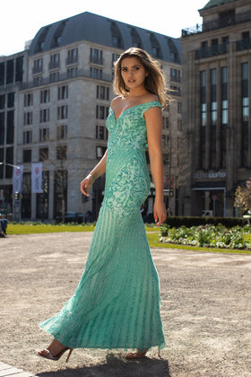 Chic and Holland AN1488 Off-the-Shoulder Sequin Sheath Evening Gown