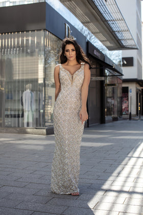 Chic and Holland HF1544 Plunging V-Neck Beaded Evening Gown with Low Back