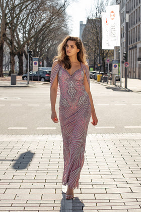 Chic and Holland HF1545 Plunging V-Neck Embellished Fitted Evening Gown