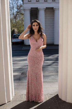 Chic and Holland AN1621 V-Neck Beaded Mermaid Evening Gown with Keyhole Back and Sweep Train