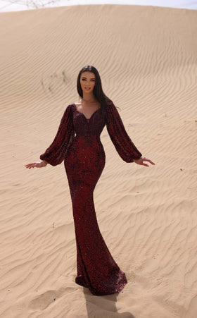 Chic and Holland AN330046 V-Neck Long Sleeve Evening Gown with Open Back