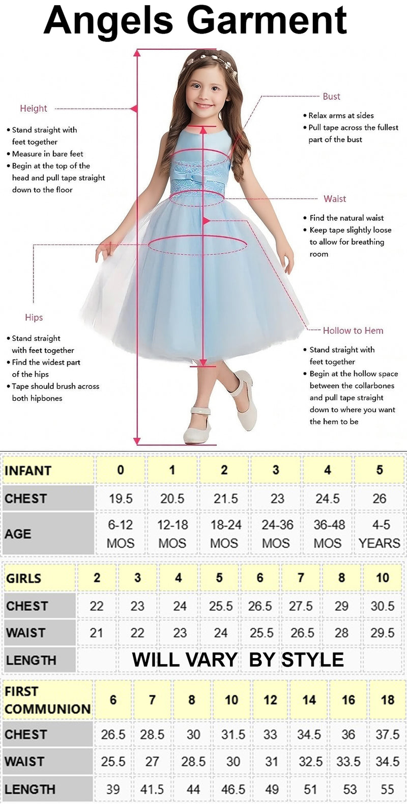 Angels Garment Size Chart