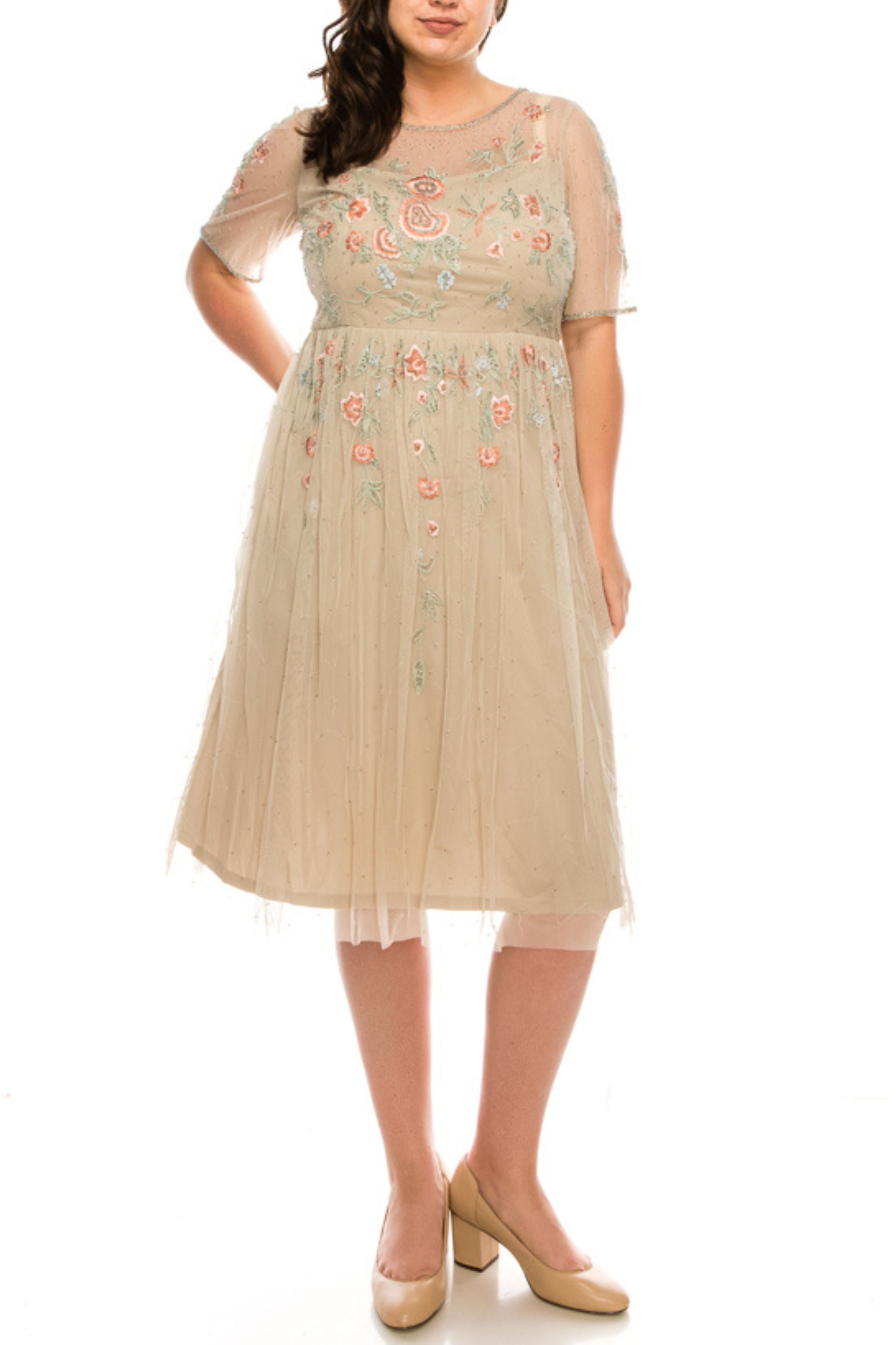 adrianna papell beaded midi dress Floral Biscotti / 16 Size:13 years Women's Deep Plunge Convertible The zipper back and HOLIDAY WARDROBE