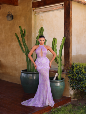Chic and Holland AR330493 Halter Neck Prom Dress with Open Back and Slit