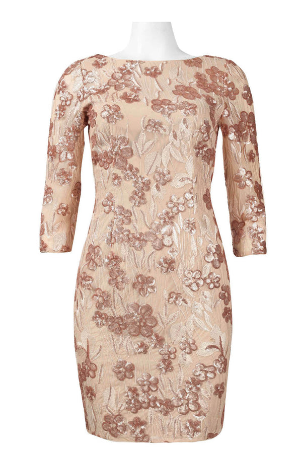 Aidan by Aidan Mattox 151A10540 Embroidered Sequin Dress with 3/4 Sleeves and Boat Neckline
