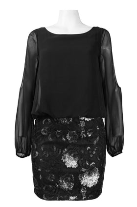Aidan Mattox 151A11640 3/4 Cutout Sleeve Embellished Dress with Boat Neckline and Mesh Detail