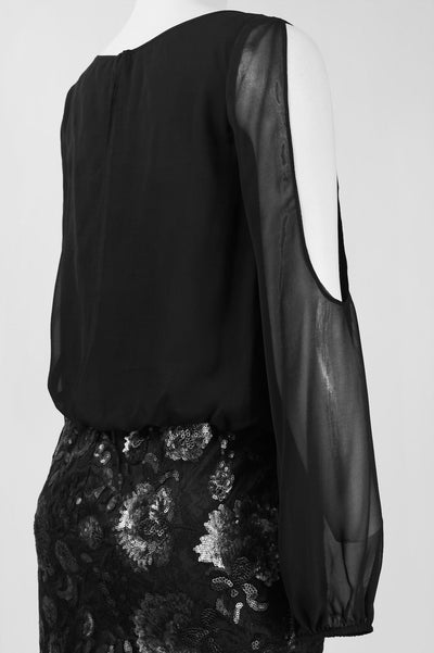 Aidan Mattox 151A11640 3/4 Cutout Sleeve Embellished Dress with Boat Neckline and Mesh Detail