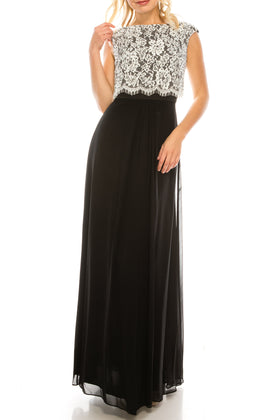 Aidan Mattox 054466880 Embellished Lace Top Evening A-Line Dress with Cap Sleeves and Beaded Detailing