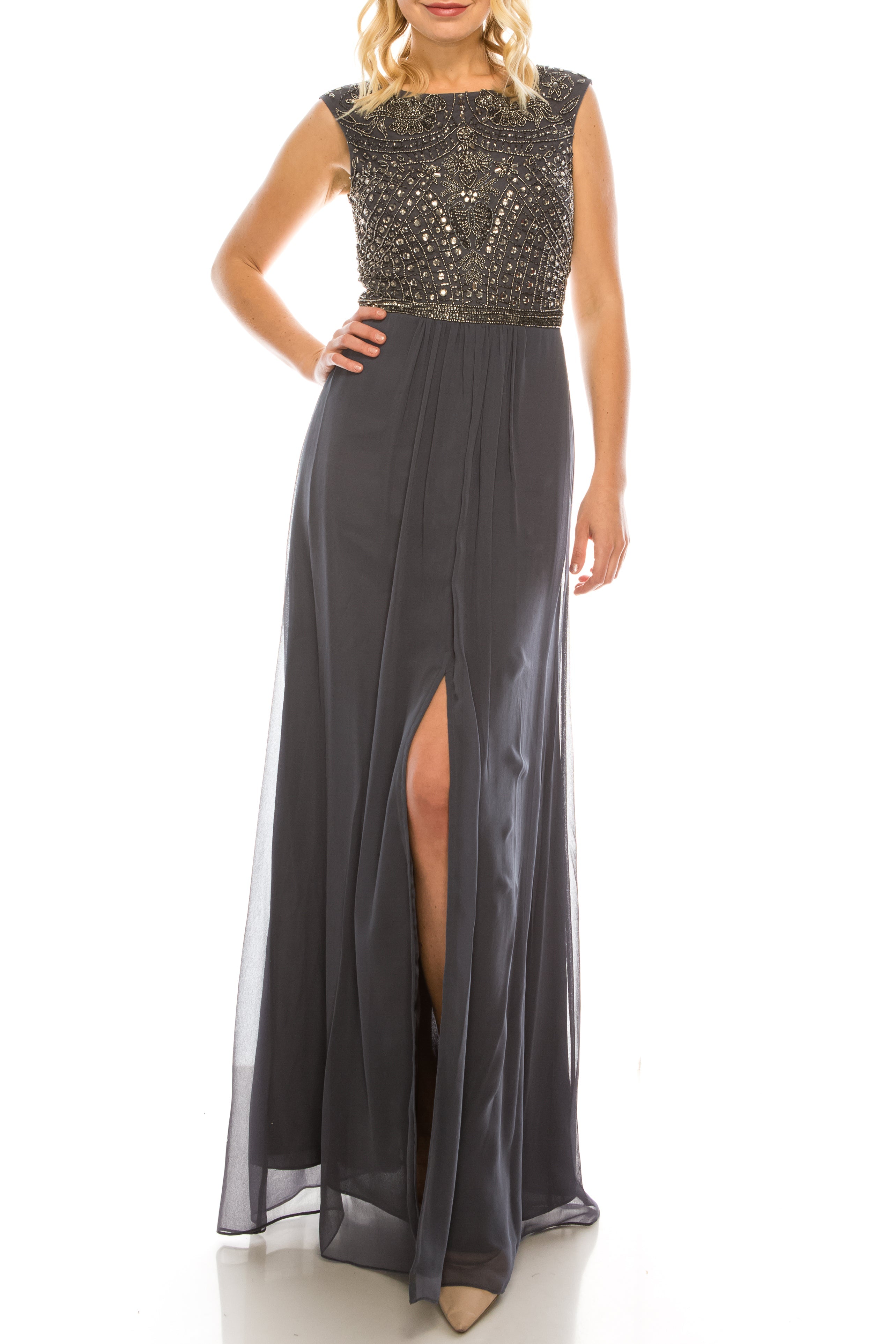 Aidan Mattox 054466960 Beaded Long A-line Evening Dress with Cap GUNMETAL / 2