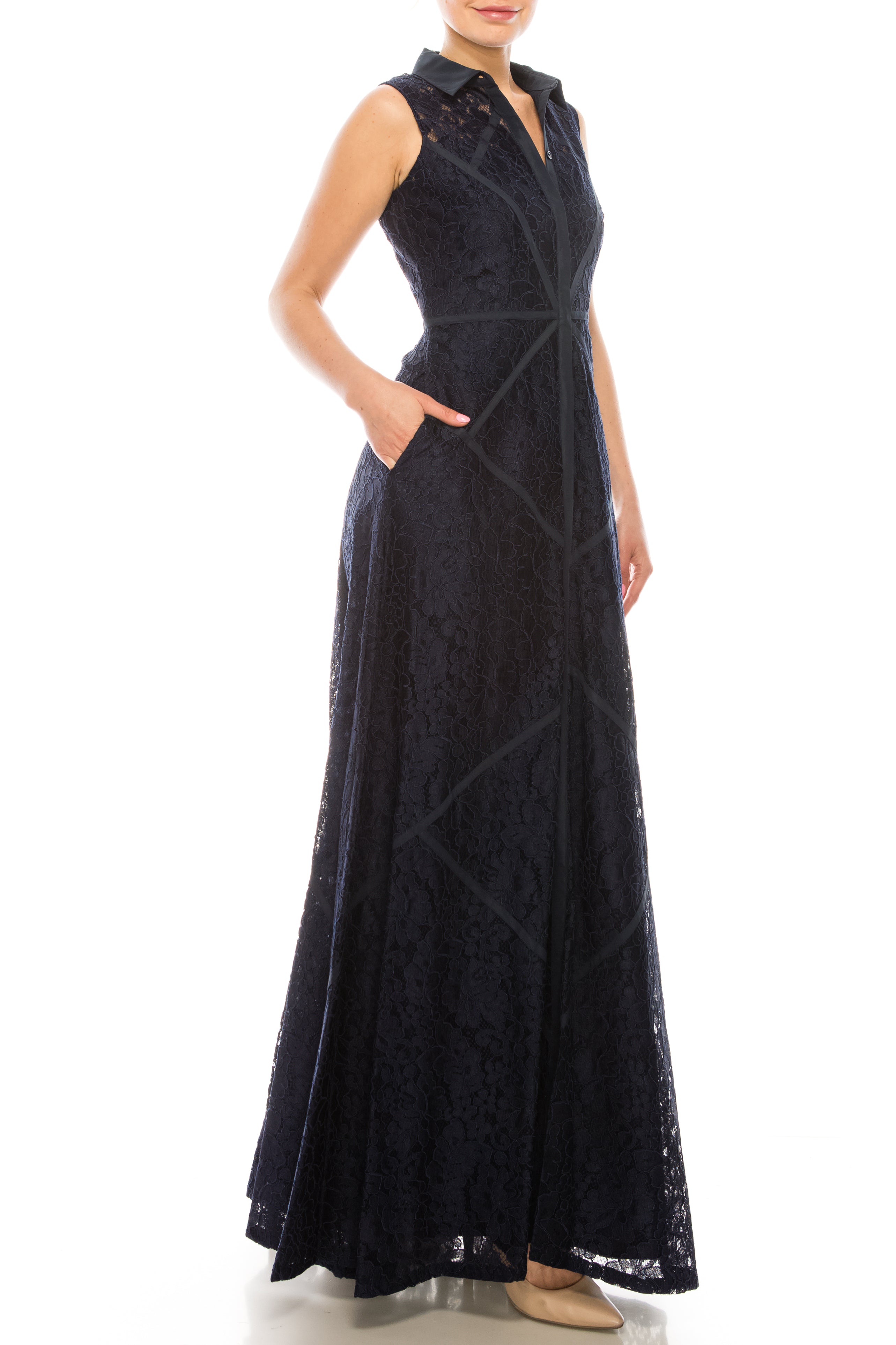 Aidan Mattox Sleeveless Piping Detail A-Line Dress