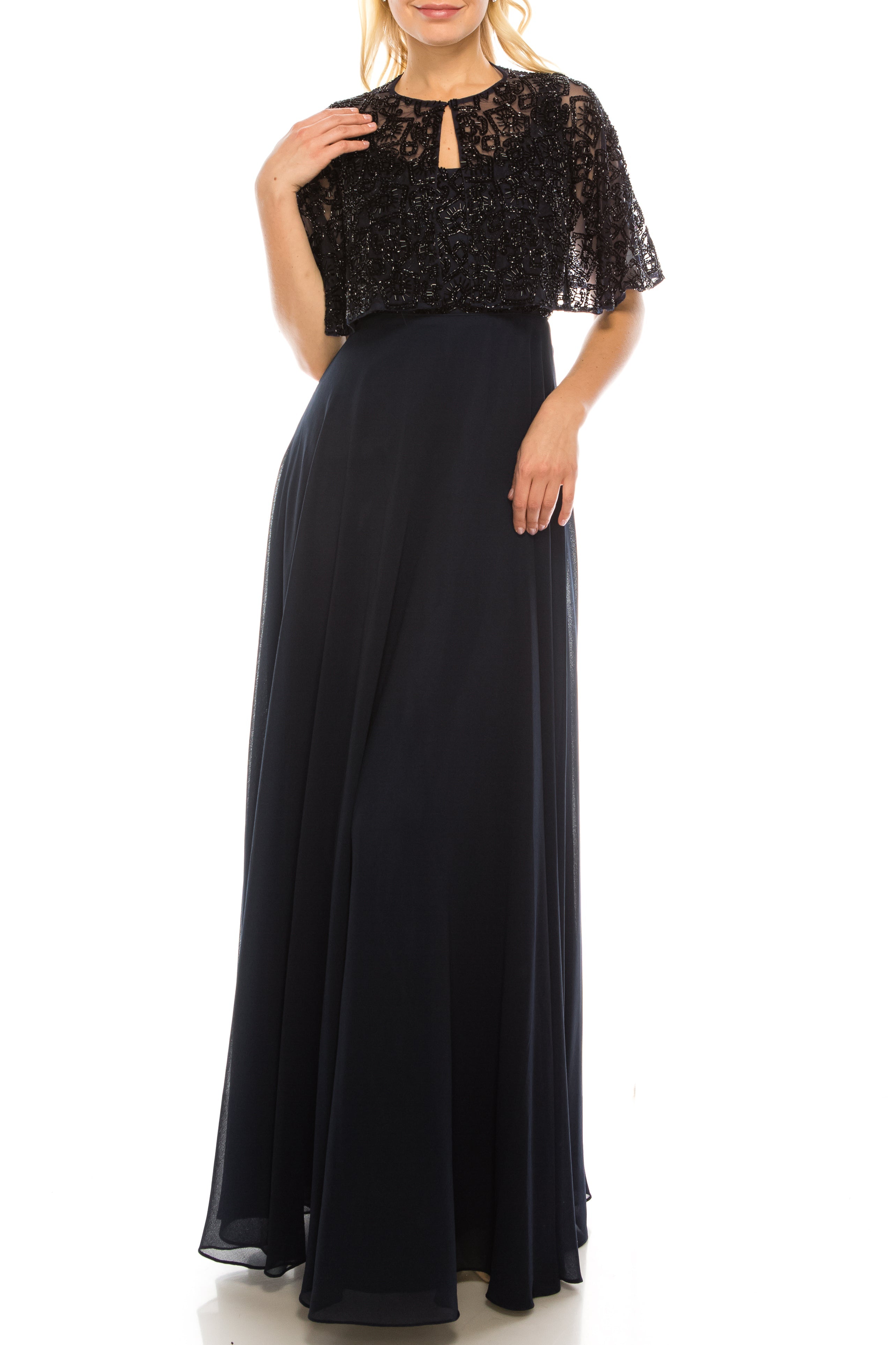 Aidan Mattox Beaded Cape A-Line Evening Dress