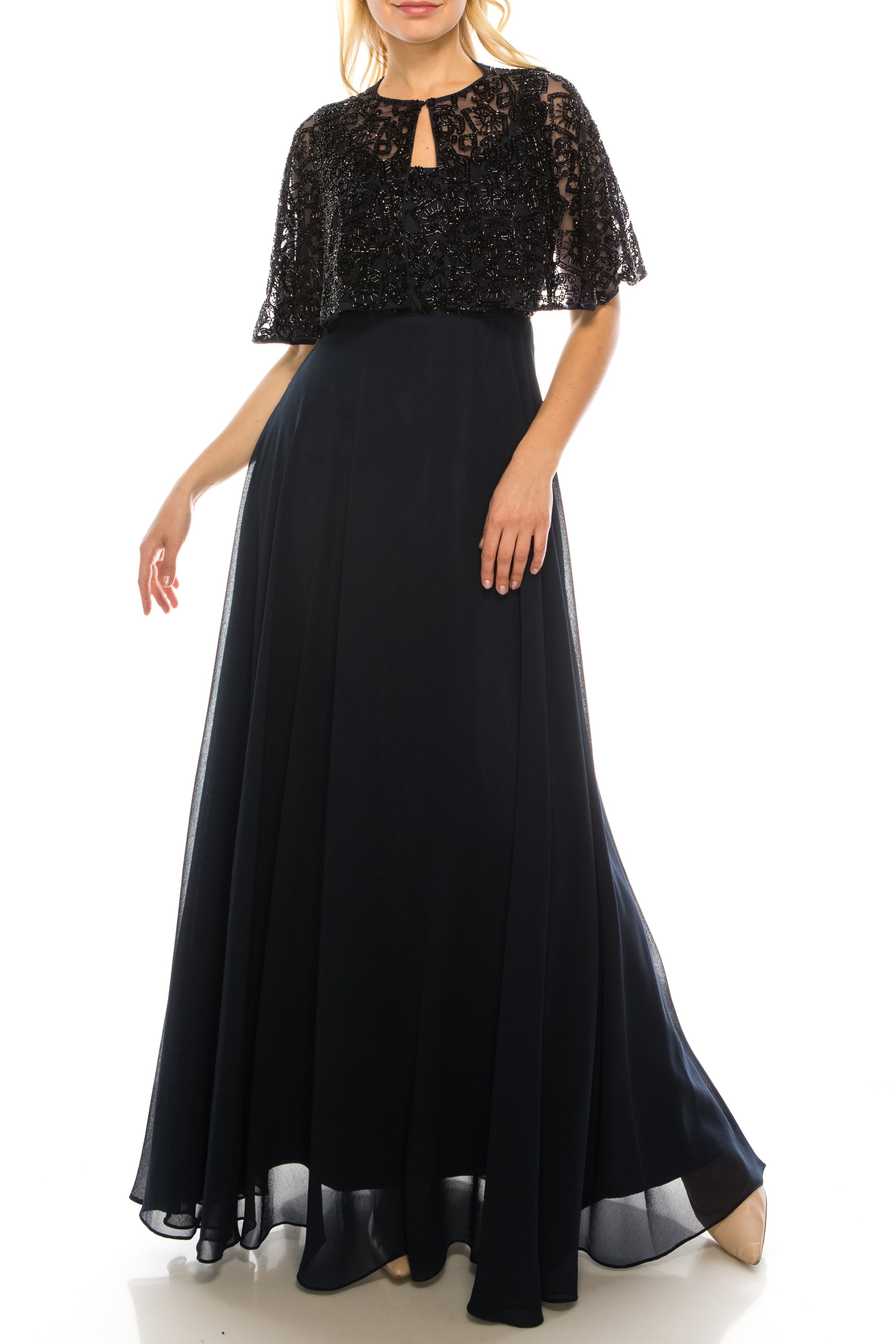 Aidan Mattox Beaded Cape A-Line Evening Dress