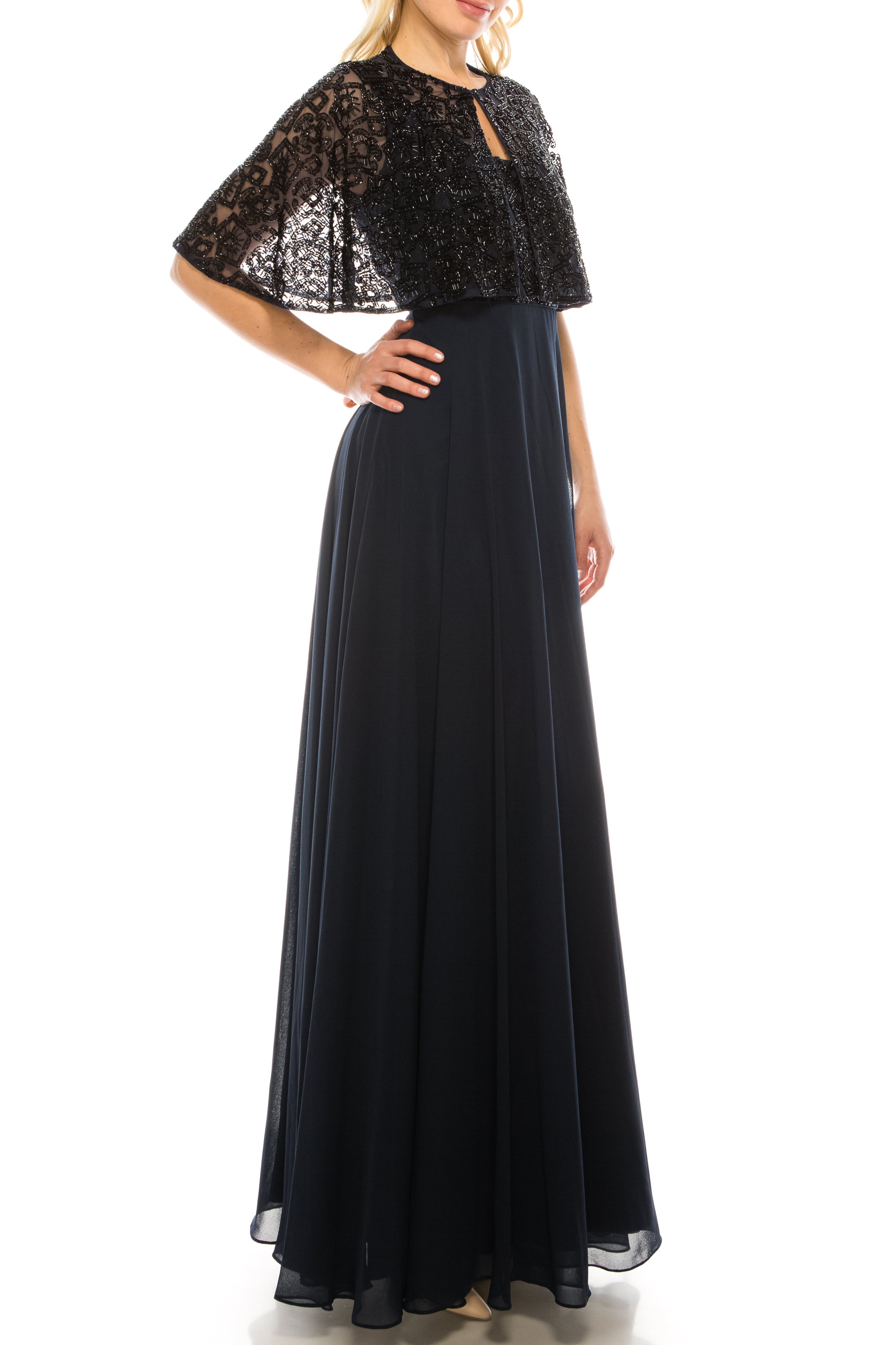 Aidan Mattox Beaded Cape A-Line Evening Dress