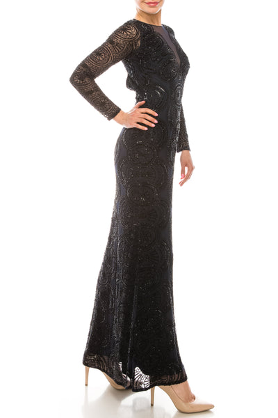 Aidan Mattox Long Sleeve Cutout Back Beaded Dress