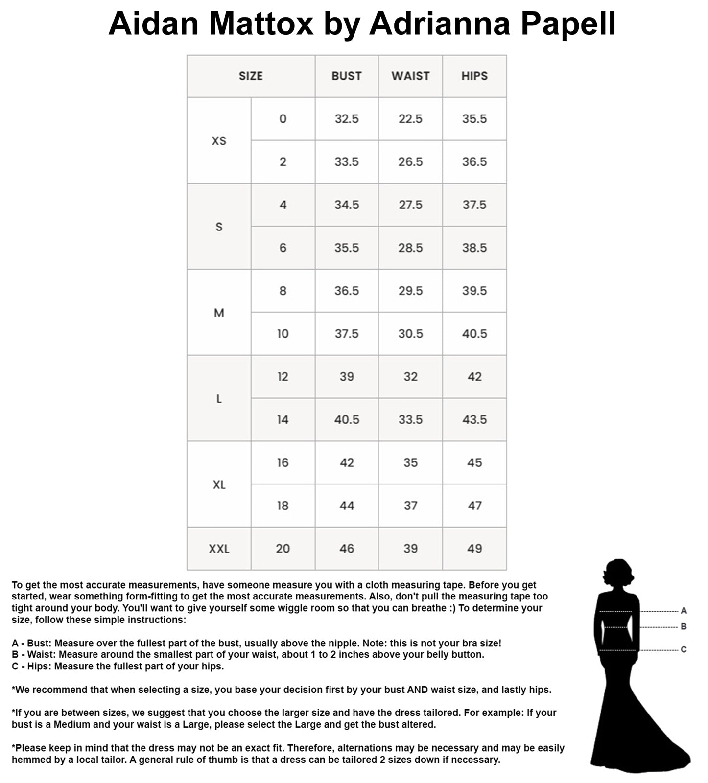 Aidan Mattox by Adrianna Papell Size Chart