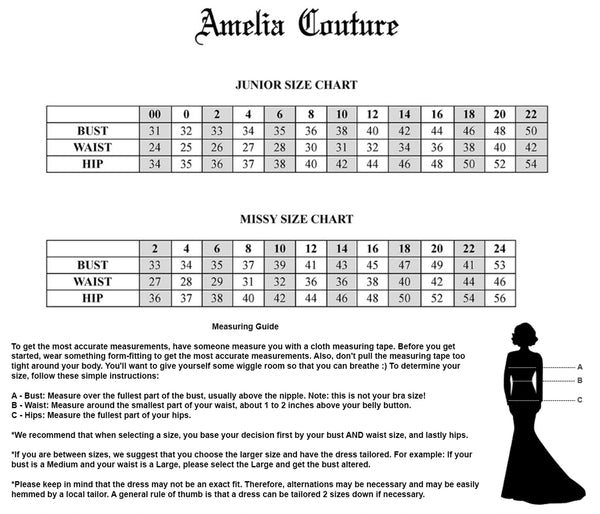 Amelia Couture Size Chart
