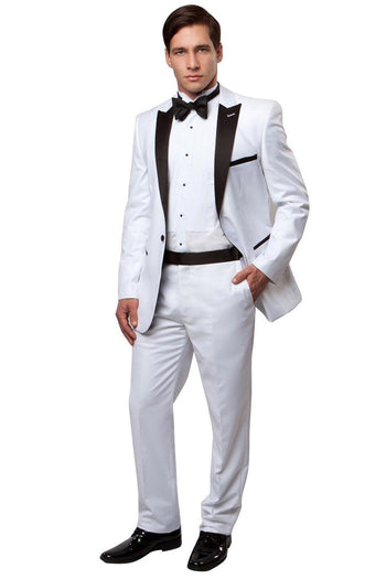 Esmoquin de boda entallado con solapa de pico y un botón para hombre en blanco y negro