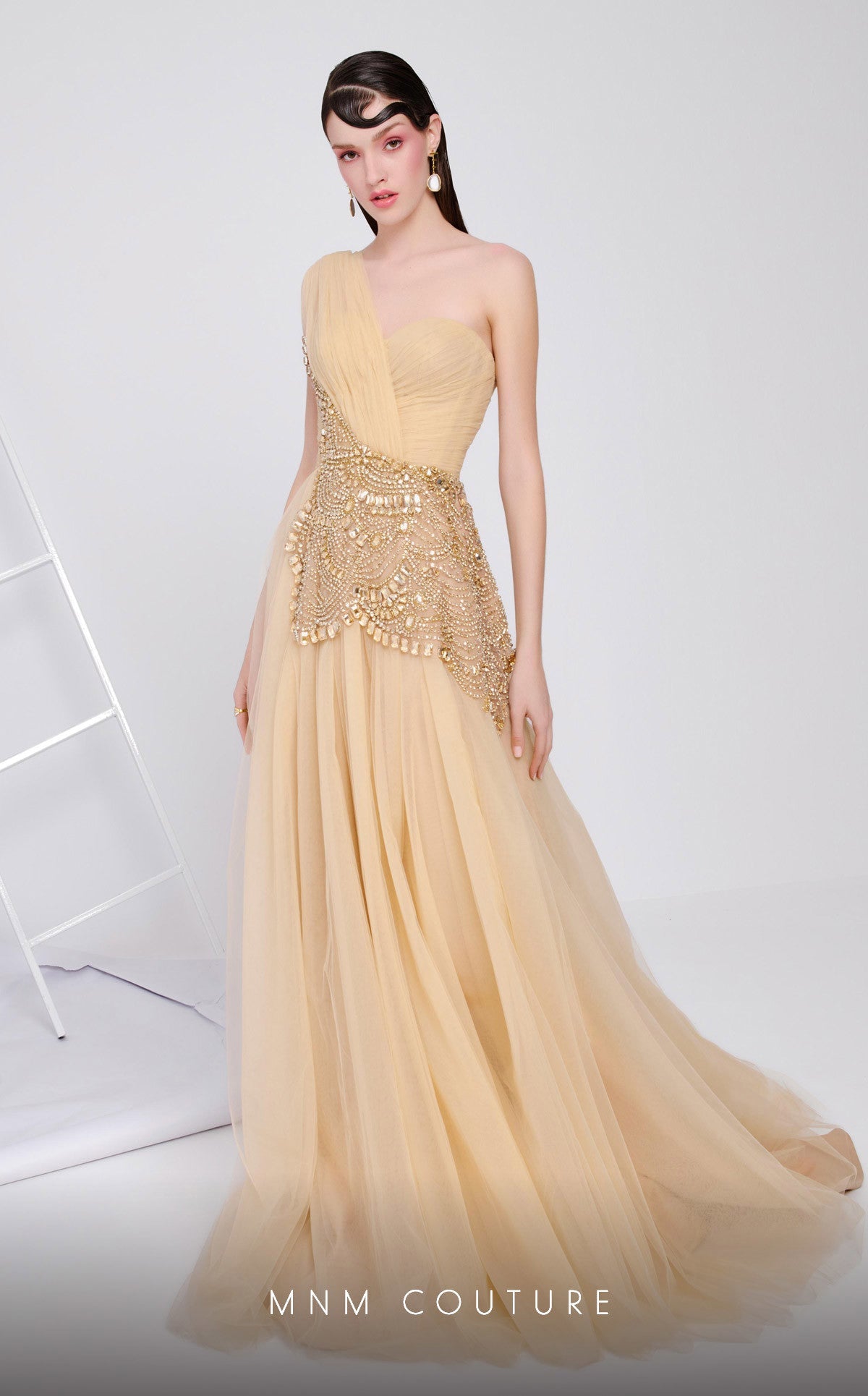MNM Couture B1110 Golden One-Shoulder Embellished Gown