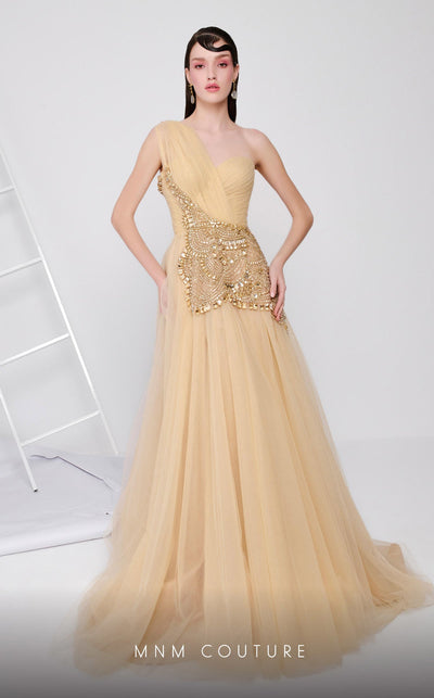 MNM Couture B1110 Golden One-Shoulder Embellished Gown