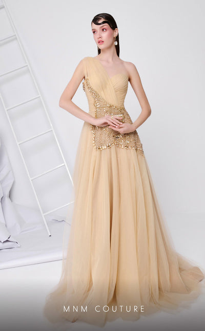 MNM Couture B1110 Golden One-Shoulder Embellished Gown