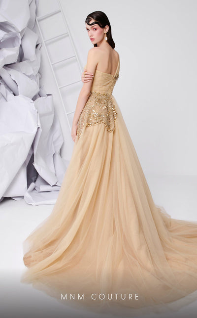 MNM Couture B1110 Golden One-Shoulder Embellished Gown