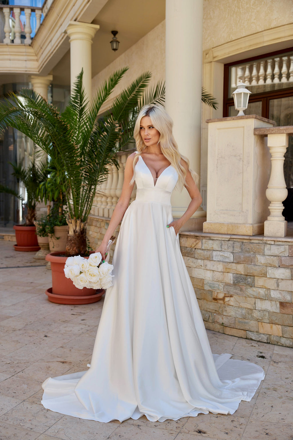 white flowy satin dress Wedding A-Line Minimal Evening Gown BA269W by Tina Holly Bust = 36 inches Condition:Mint Box Stunning cobalt blue and vol ll