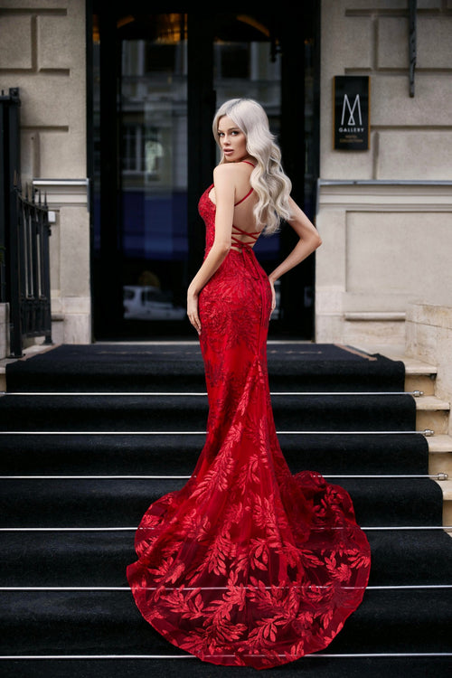 Tina Holly BB001 Prom Mermaid Plunging Spaghetti Strap Corset Back Sequin Dress